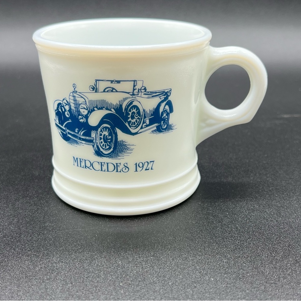 Vintage Mercedes 1927 Milk Glass Mug White Cobalt Blue Surrey USA Coffee Tea Cup